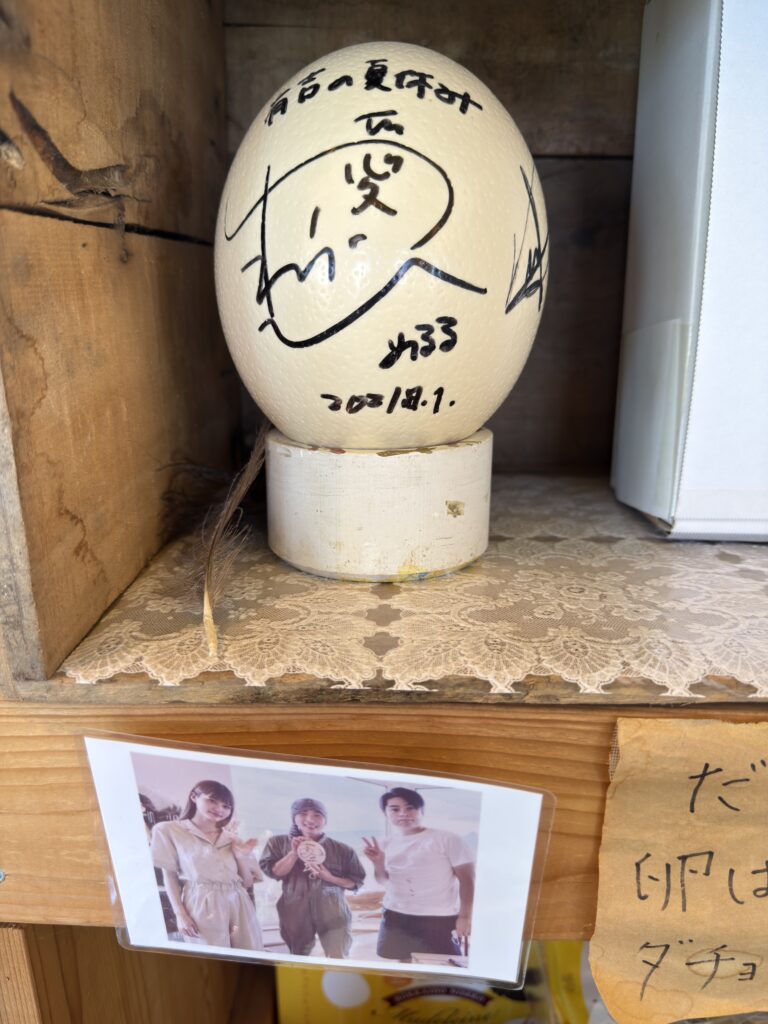 Signed ostrich egg by Japanese celebrity Meruru , featured on “Ariyoshi’s Summer Vacation,” displayed at Daini Arishima Ostrich Farm, a popular tourist spot in Niseko, Hokkaido