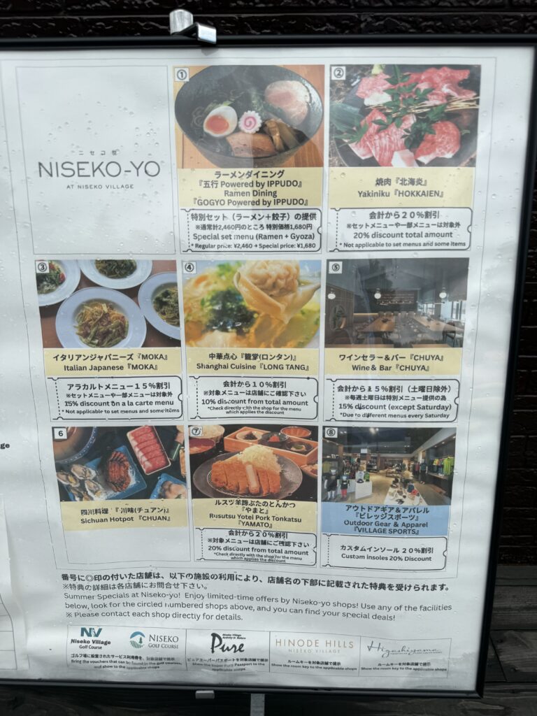 北海道ニセコビレッジ「NISEKO-YO」飲食店&ショップ案内看板。五行ラーメン、北海炎焼肉、モカ、ロンタン、チュアン、やまと、といった人気飲食店とアウトドアショップの写真付き一覧