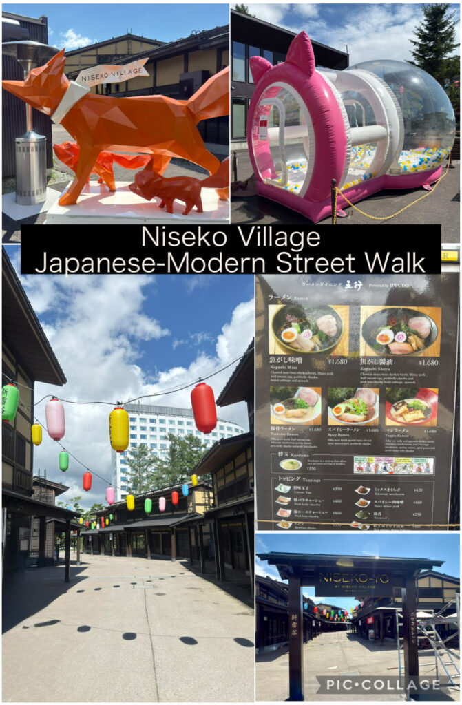 Niseko Village Japanese-Modern Street Walk in Hokkaido, Japan – colorful lantern street, iconic orange fox statue, ramen shop menu, and NISEKO-YO gate, perfect for sightseeing and photography.
