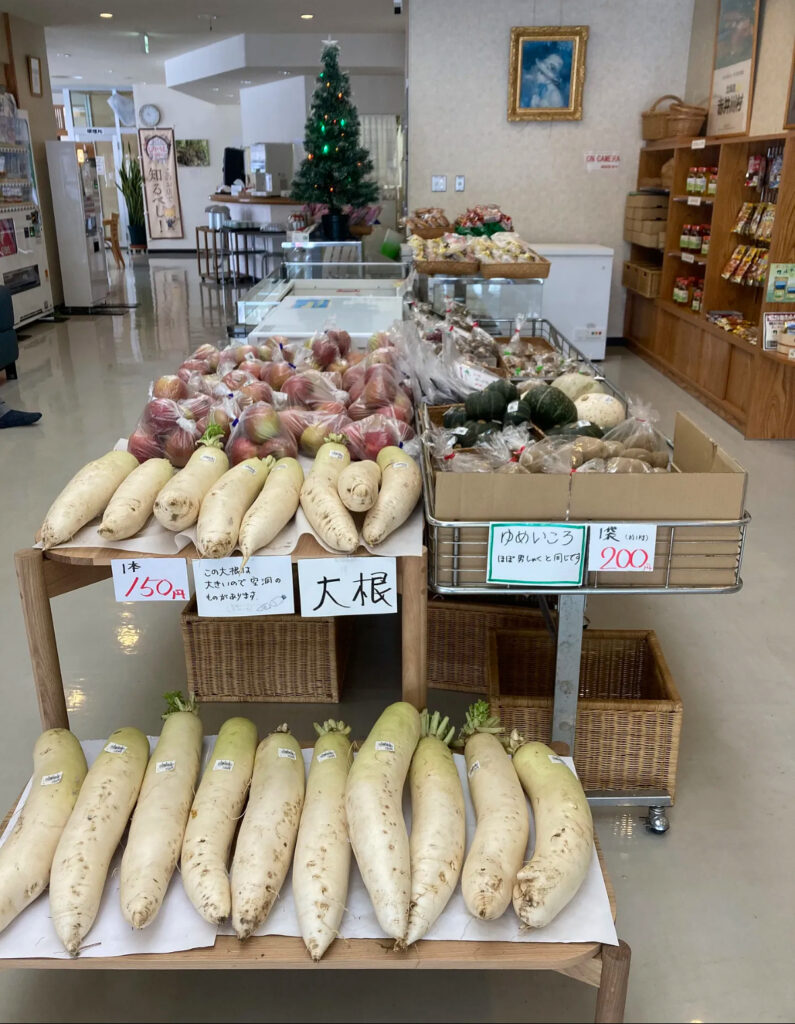 赤井川カルデラ温泉の地元野菜がある売店と大量の大根