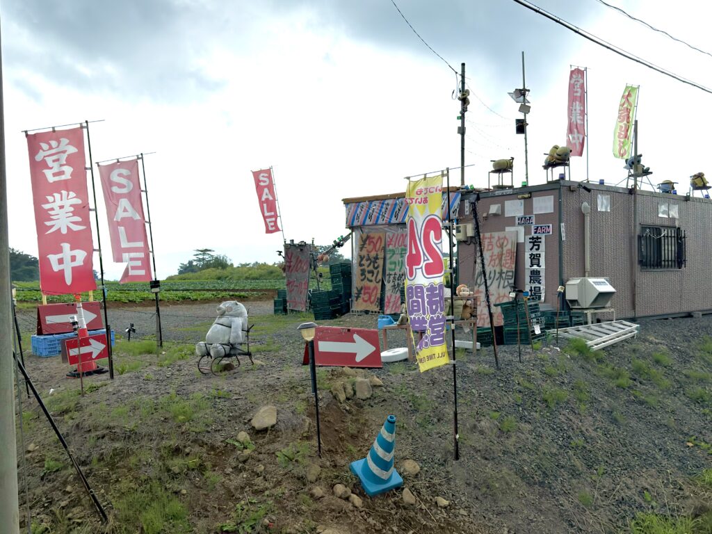 北海道・芳賀農場の24時間営業無人直売所の外観。赤いSALEや営業中の旗が並び、新鮮野菜やメロンを販売する人気スポット。