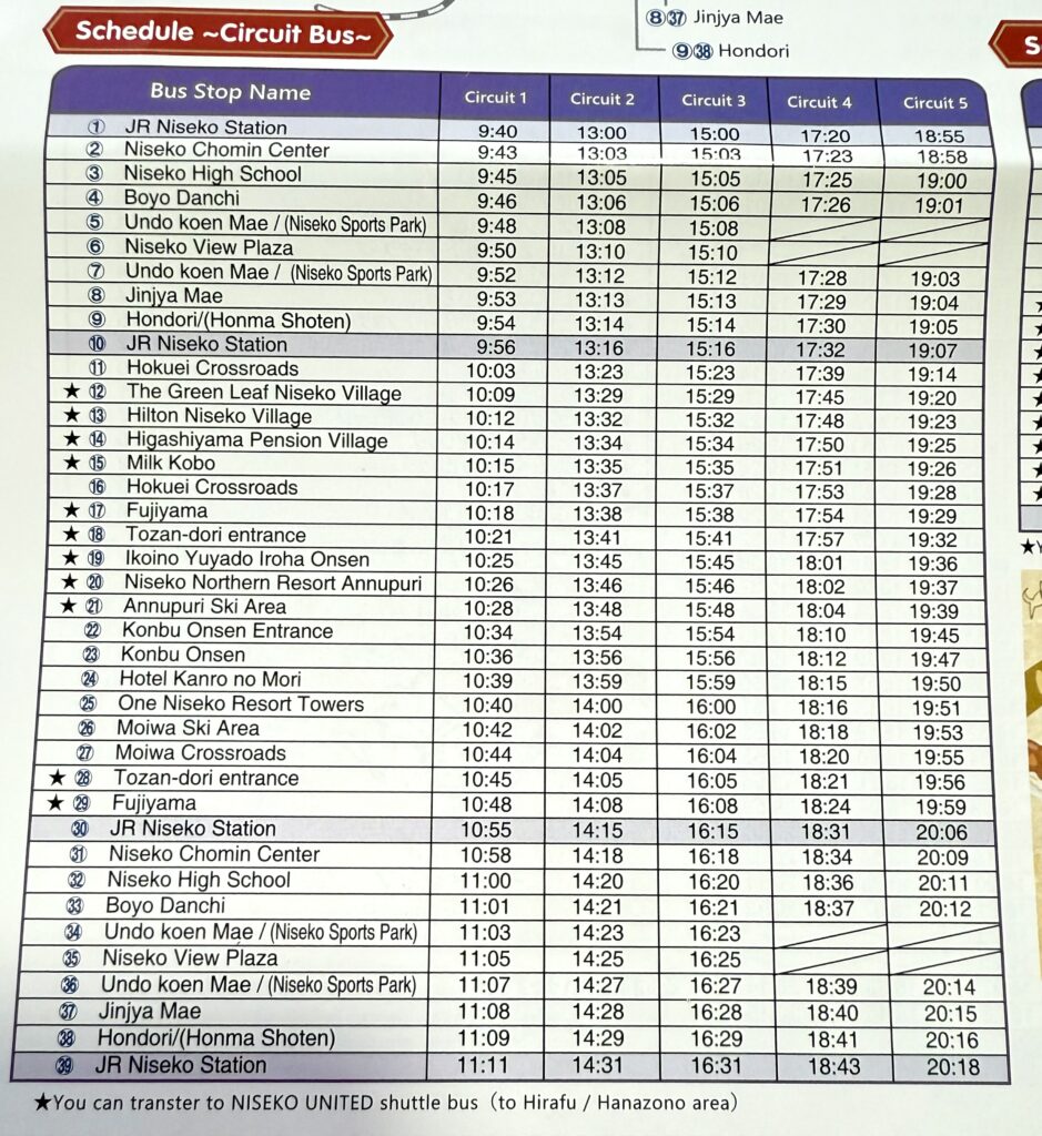 Timetable of the Niseko tour bus