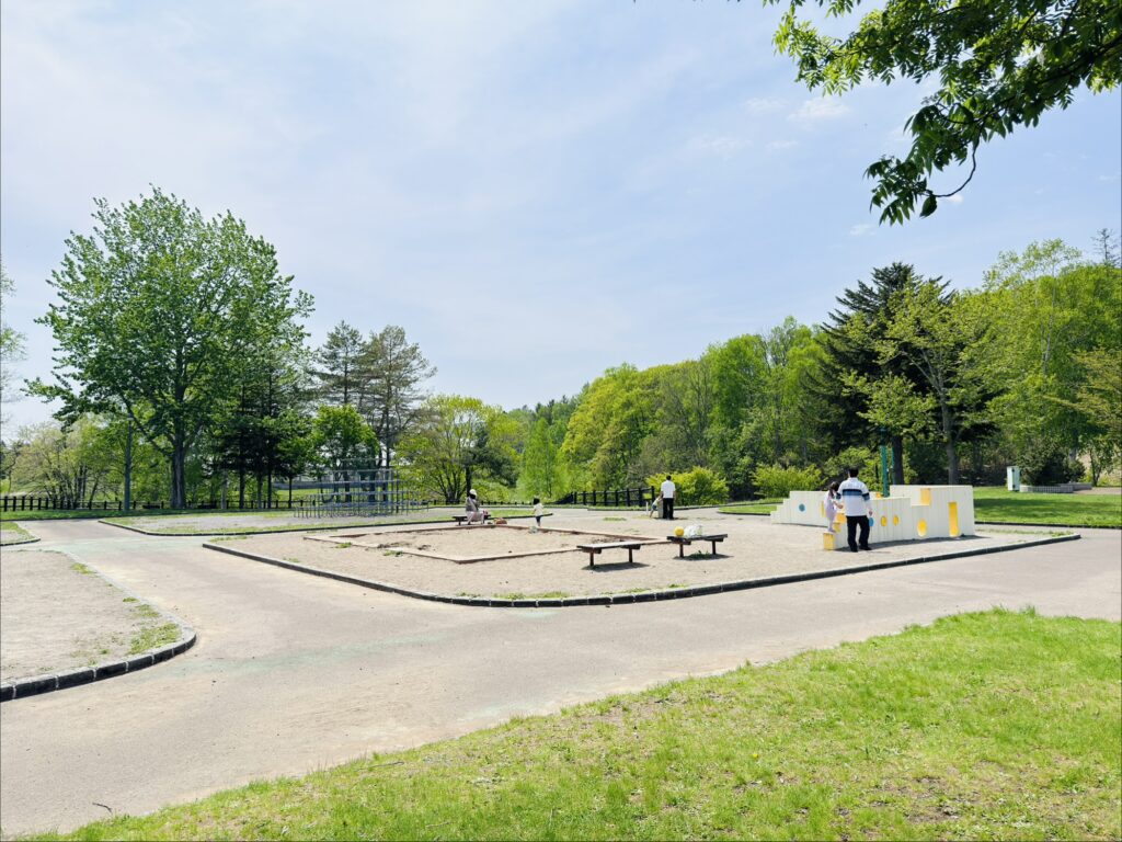 三島さんの芝桜周辺にあるわんぱく広場の砂場と遊具