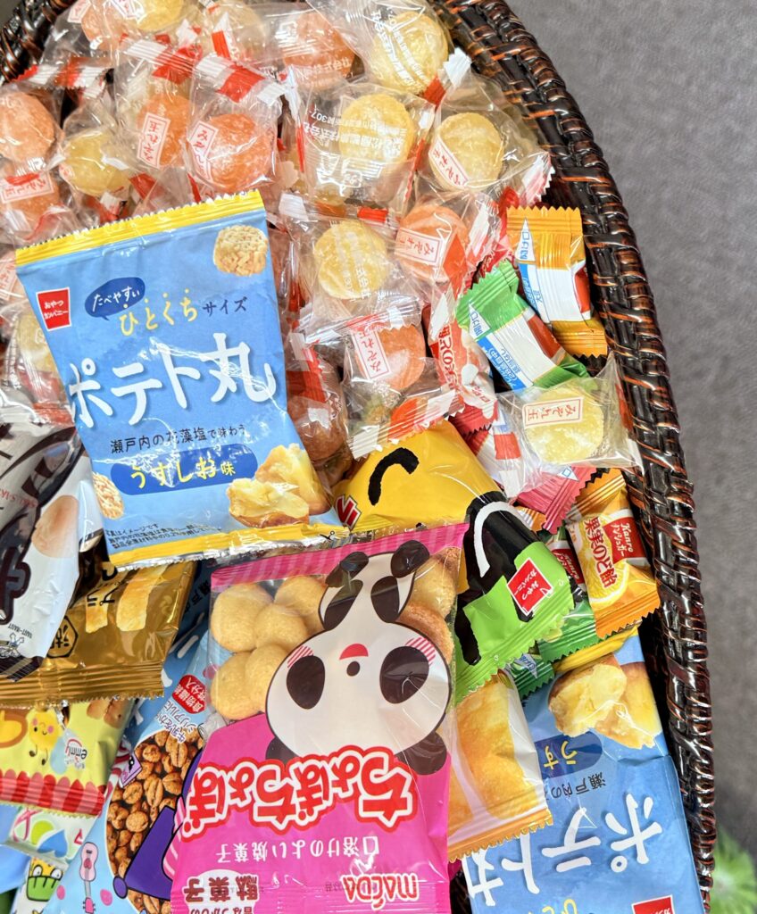 Basket of Japanese snacks offered during a promotional campaign at Waisu Onsen