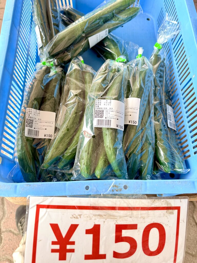 道の駅ニセコビュープラザで販売される新鮮なニセコ産きゅうり 1袋150円の直売野菜