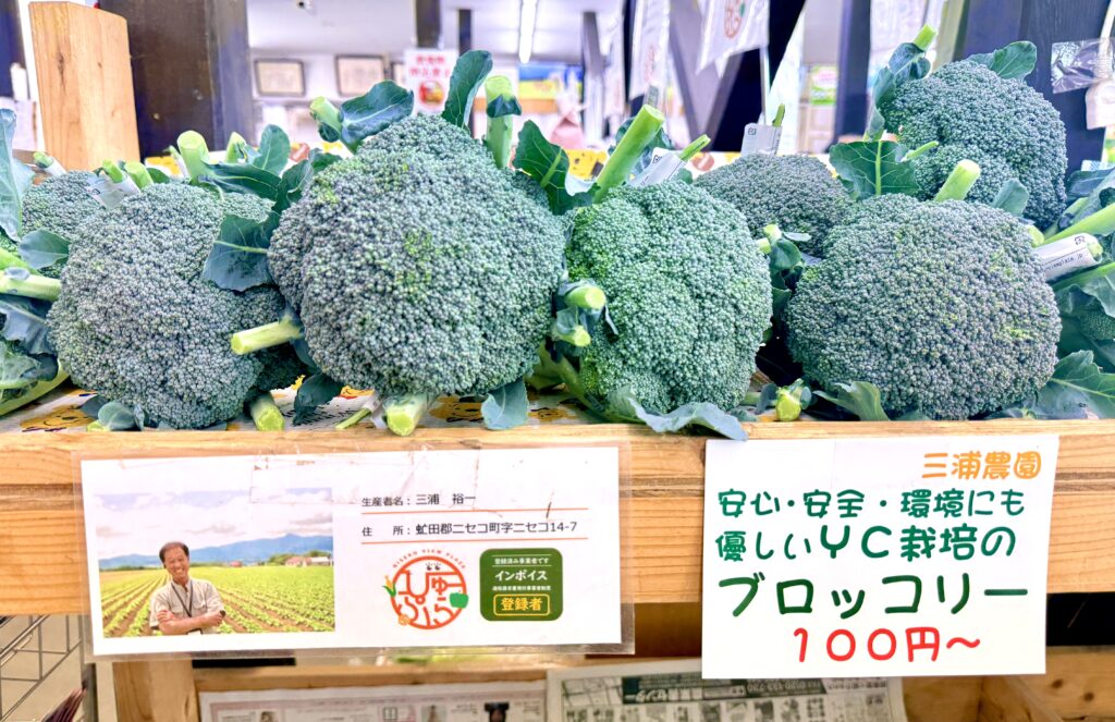 道の駅ニセコビュープラザで販売されるニセコ産ブロッコリー 100円の新鮮野菜コーナー