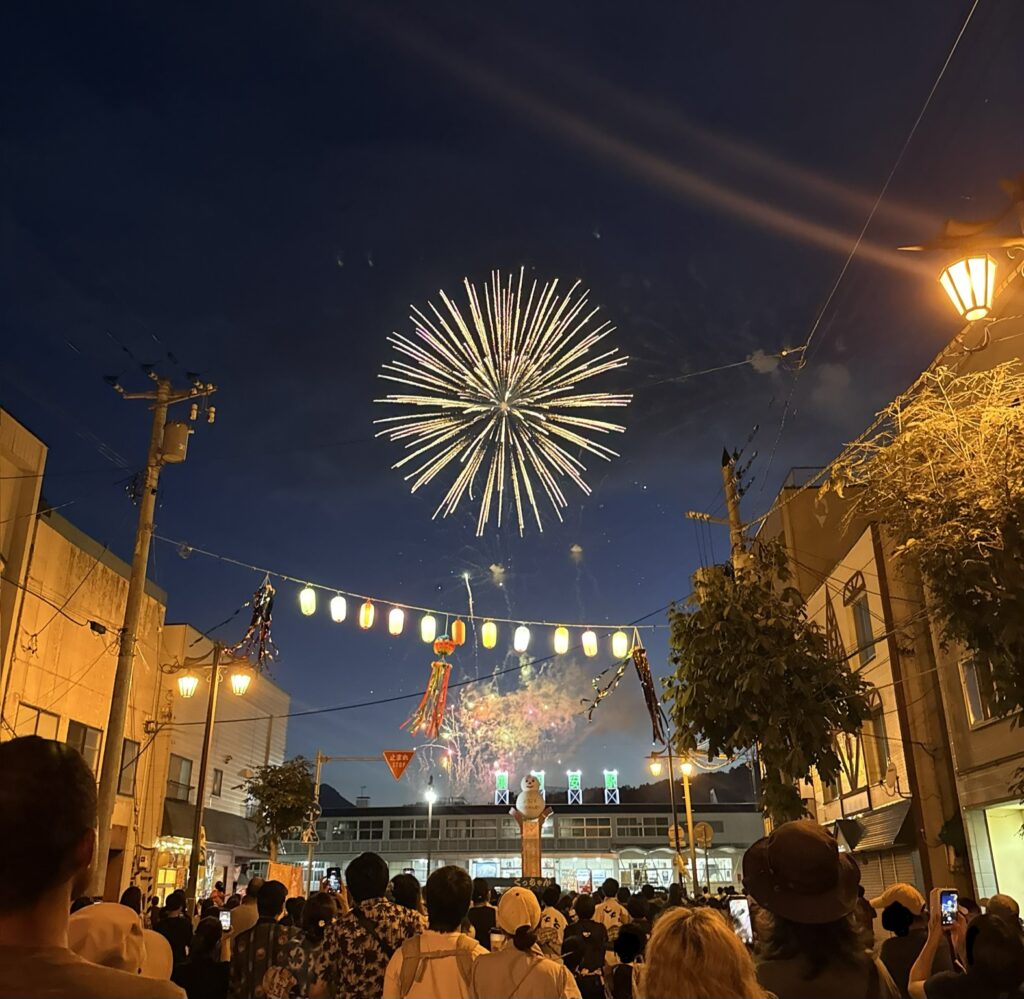 Kutchan Potato Festival 2026 fireworks with Kutchan Station and snowman