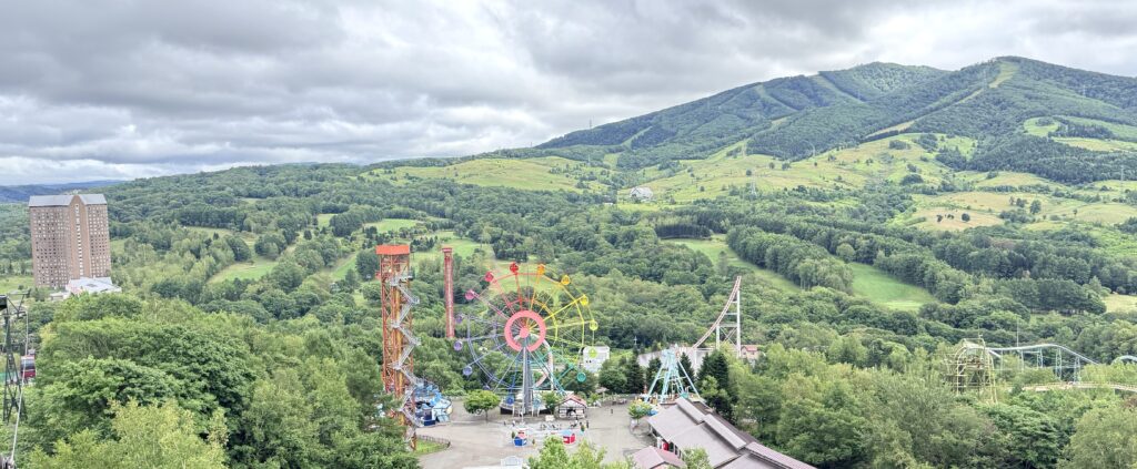Rusutsu Resort Amusement Park and Ferris wheel viewed from the Yotei Gondola in summer