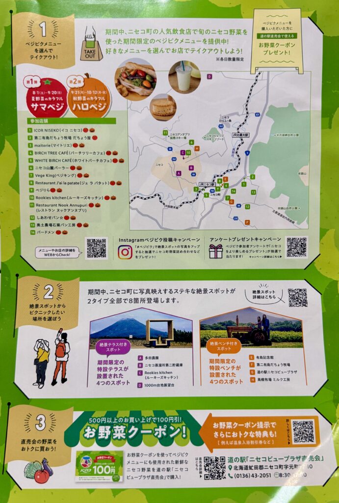 Niseko Vegetable Picnic 2026 map showing participating shops and scenic spots